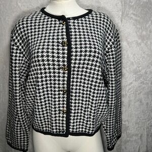 Liz Claiborne Houndstooth Knit Cardigan Women's M Button Up Gold‎ Buttons VTG